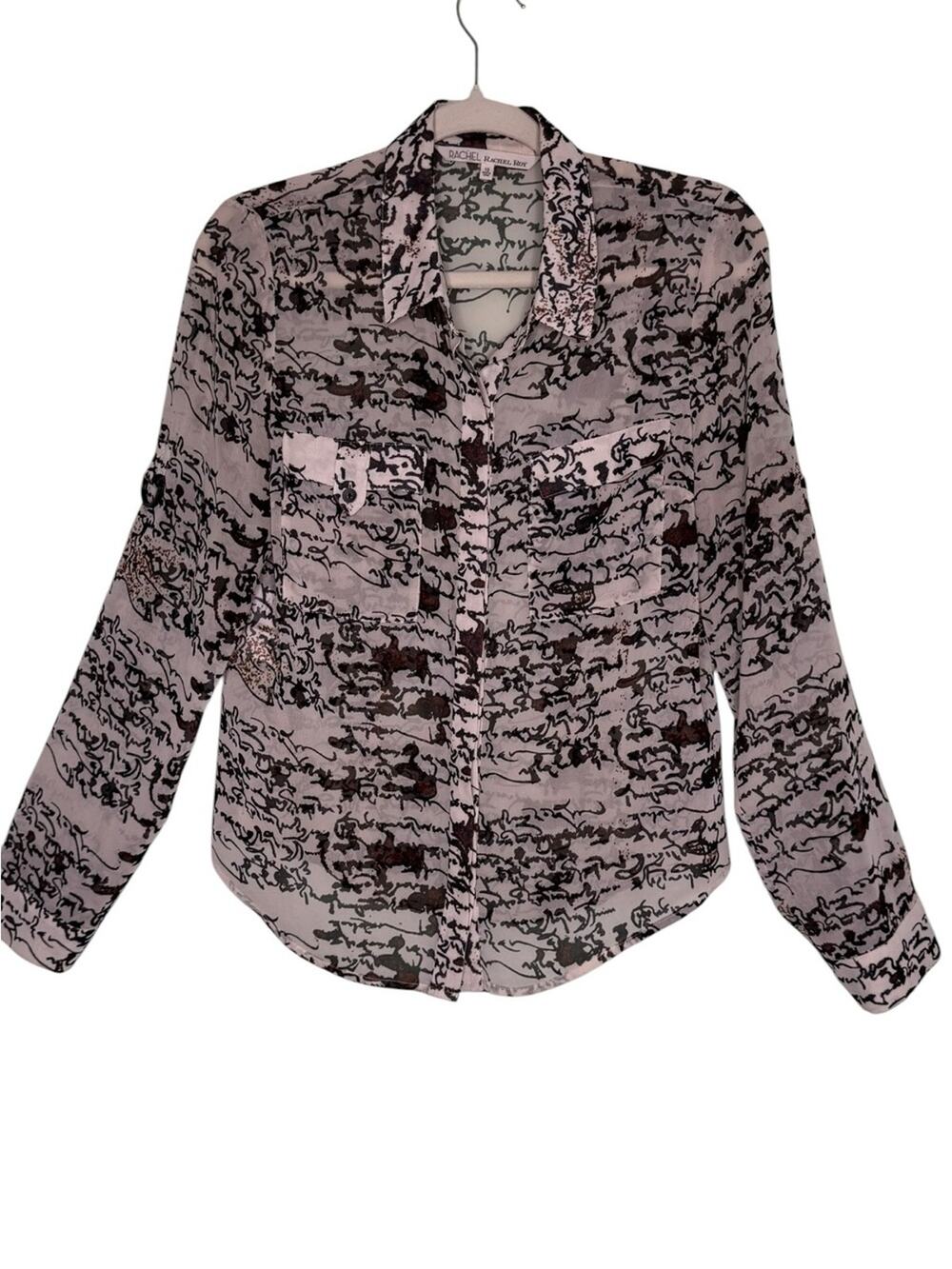 RACHEL Rachel Roy Sheer Script Graffiti Button Up Blouse Brown Ivory Sz 10